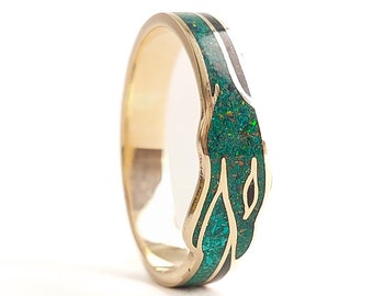 Solid gold Ouroboros ring with opal, malachite and jet inlay | Gold Snake Ring | Handmade in 8K/14K/18K solid gold