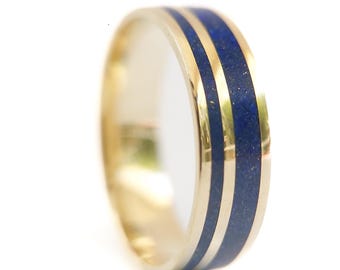 Massief gouden lapislazuli-inlegring, minimalistische gouden band, verkrijgbaar in 8 kt/14 kt/18 kt massief goud, gouden infinity-ring
