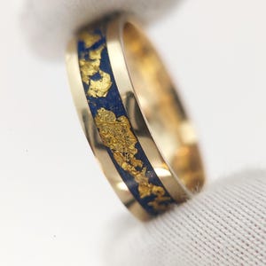 Lapis Lazuli Gold Leaf Inlay Ring: Solid Gold Flat Band