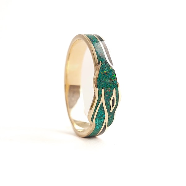Solid gold Ouroboros ring with opal, malachite and jet inlay | Gold Snake Ring | Handmade in 8/14K solid gold