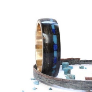 Ebony Ring with Gold Liner and Turquoise&Lapis Lazuli Inlay, Bespoke Gold and Wood Ring, Great Gift for Him and Her, Gold Dainty Ring
