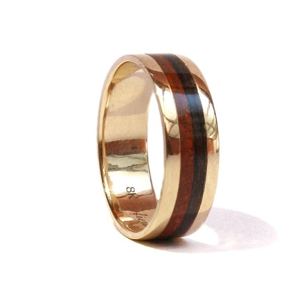 Solid gold ring with ebony and jasper inlay, Bespoke minimalist solid gold wedding band, Gold and wood ring, 8k-14k solid gold ring