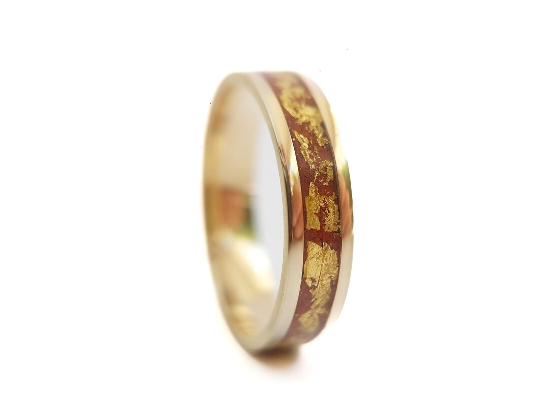 Red Jasper Gold Leaf Inlay Ring - Solid Gold Flat Band - Etsy