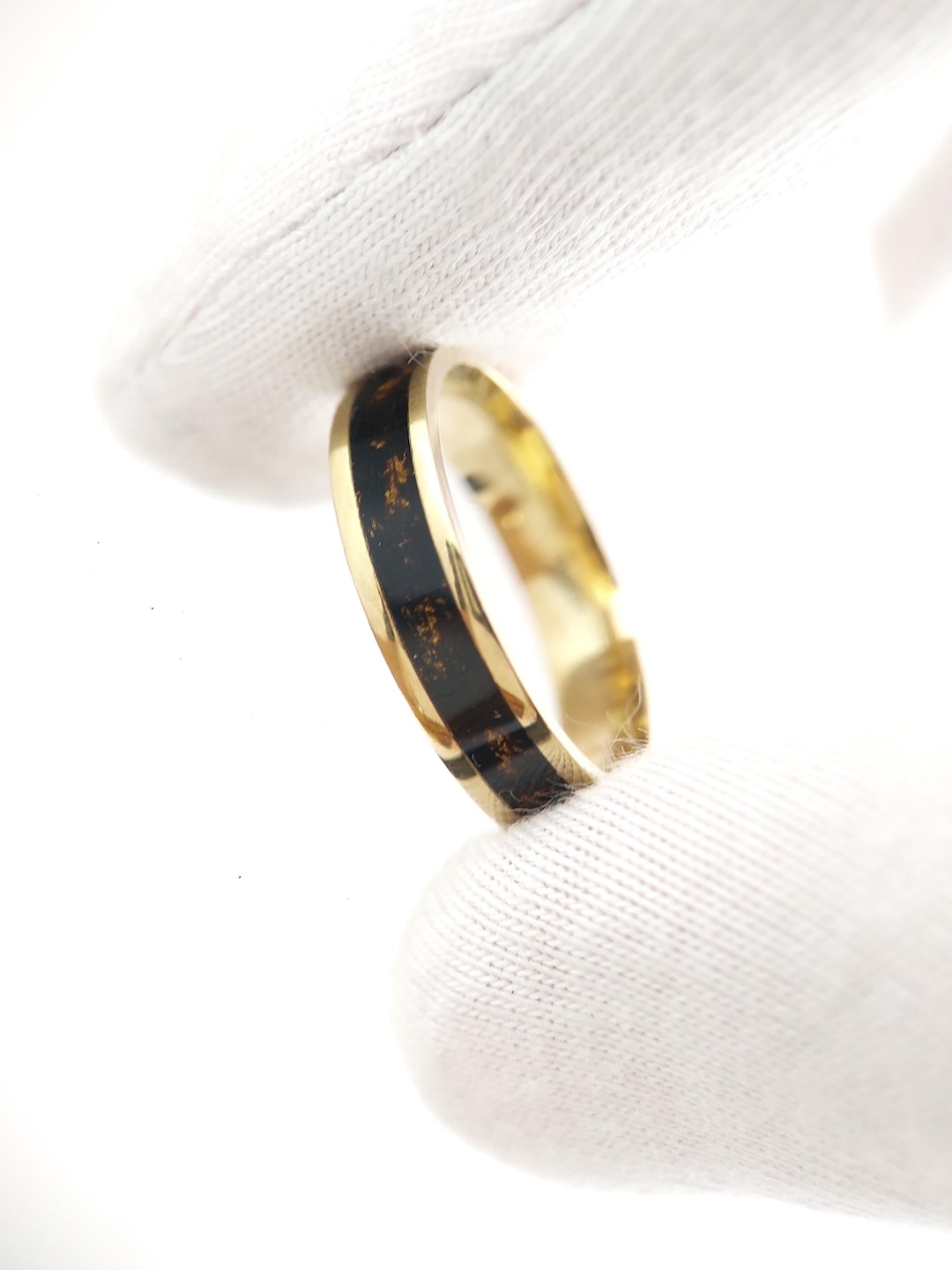 22K Gold Leaf & Jet Inlay Solid Gold Ring - Etsy