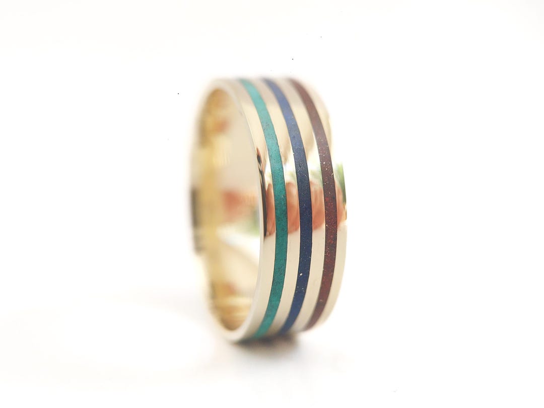 Solid Gold Rainbow Ring With Lapislazuli, Malachite, Red Jasper Inlay ...