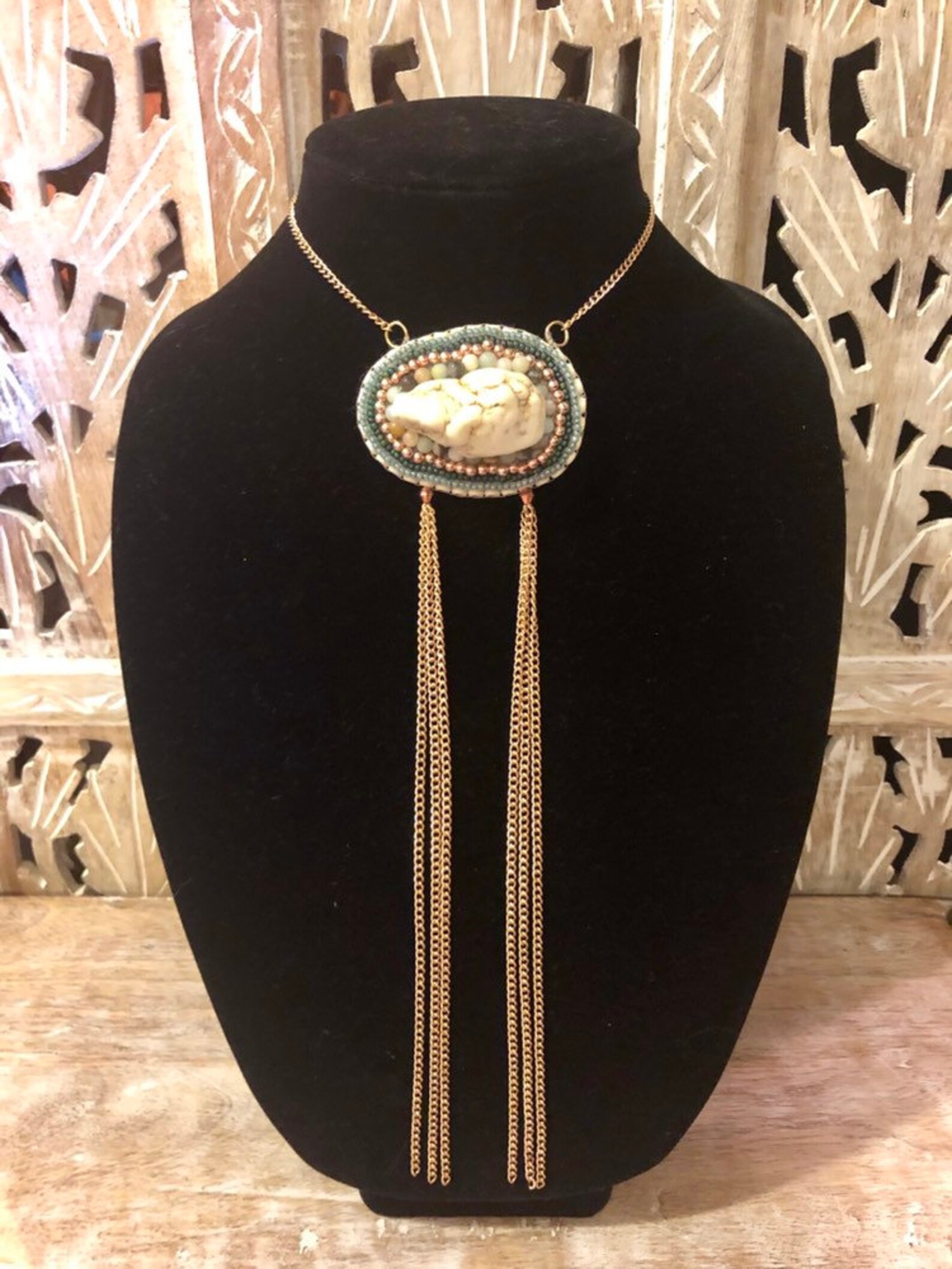 Ivory stone beaded bolo necklace Etsy