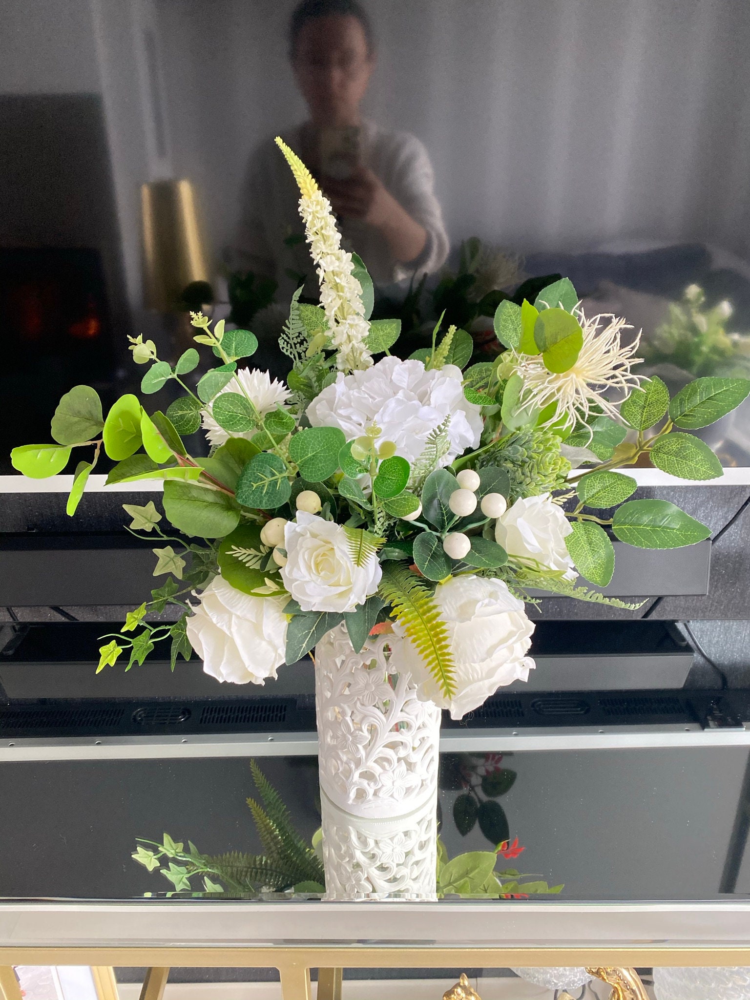 Large Artificial Flowers Arrangement In Glass Vase Silk Etsy.de