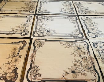 Tea Dyed Journal Paper, Vintage Deco Frame, 12 Sheets of Aged Stationery