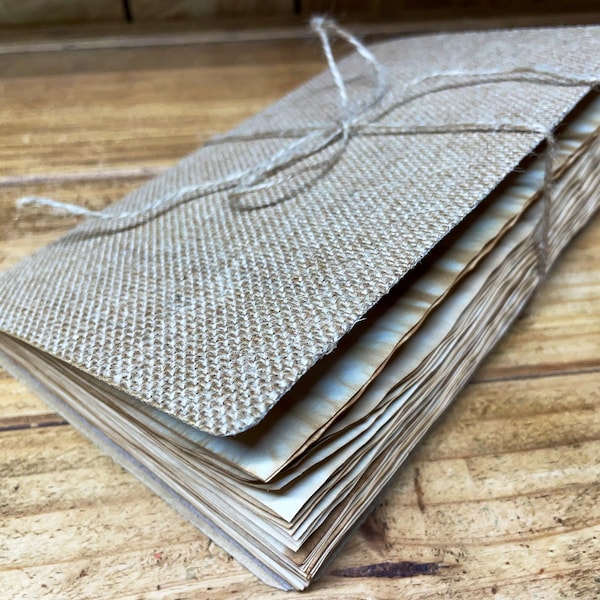 Handmade Burlap Journal with Tea Dyed Paper. Travel Journal Insert. Tea Stained Stationary. Writing Journal.