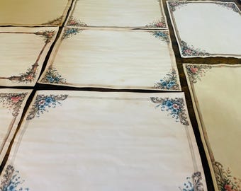 12 Sheets of Tea Dyed Paper with Colorful Floral Frame, Double-Sided Paper , Aged Stationery