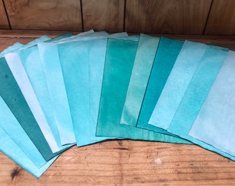 12 Sheets of Turquoise Tea Dyed Paper. Tea stained stationary. Scrapbook Paper. Junk Journal Paper.