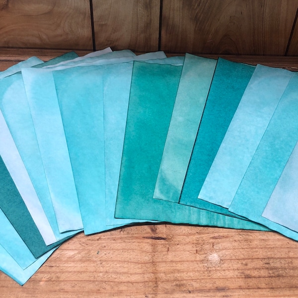 12 Sheets of Turquoise Tea Dyed Paper. Tea stained stationary. Scrapbook Paper. Junk Journal Paper.