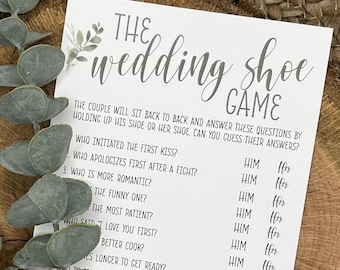 PRINTED GR Eucalyptus Greenery, The Wedding Shoe Bridal Shower Game Trivia, 24 per pkg, printed on 100lb white Cougar cardstock.