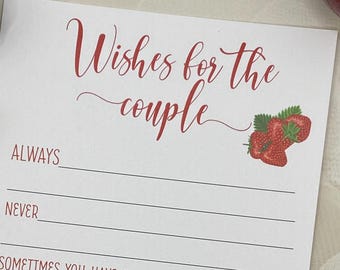 PRINTED Strawberry  Wishes for the Couple, Bridal Shower Wedding Game,  24qty, printed on 100lb. white Cougar Cardstock. 5x7 size