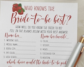 PRINTED Strawberry, Who knows the bride-to-be best? Bridal Shower Wedding Game. Printed on 100lb white cardstock