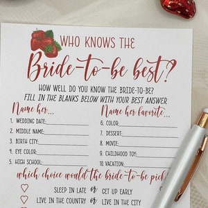 Strawberry Bridal Shower Game, Who Knows the Bride Best, Printed Cardstock