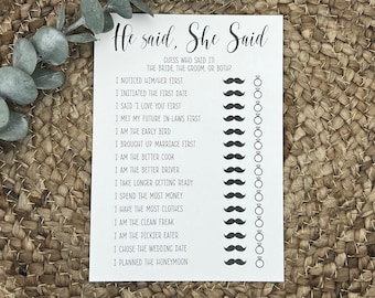 Digital, He Said She Said, Bridal Shower Wedding Game Trivia