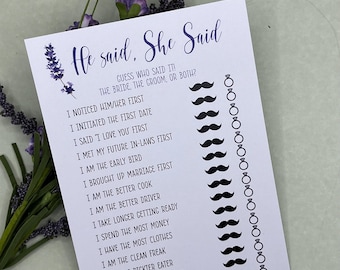 PRINTED Lavender, He Said She Said Bridal Shower Wedding Game Trivia, printed on 100lb White cardstock. 24 per pkg.