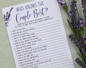 PRINTED LAVENDER, Who knows the Couple best? Bridal Shower Wedding Game, Kraft, Concrete or White, 24pkg, 100lb cardstock, lavender, purple