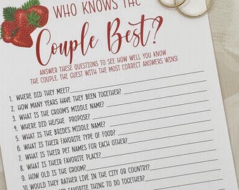 May include: A printable game card with the title "Who Knows the Couple Best?" and a list of questions about a couple. The card features a red and green illustration of strawberries and two gold rings.