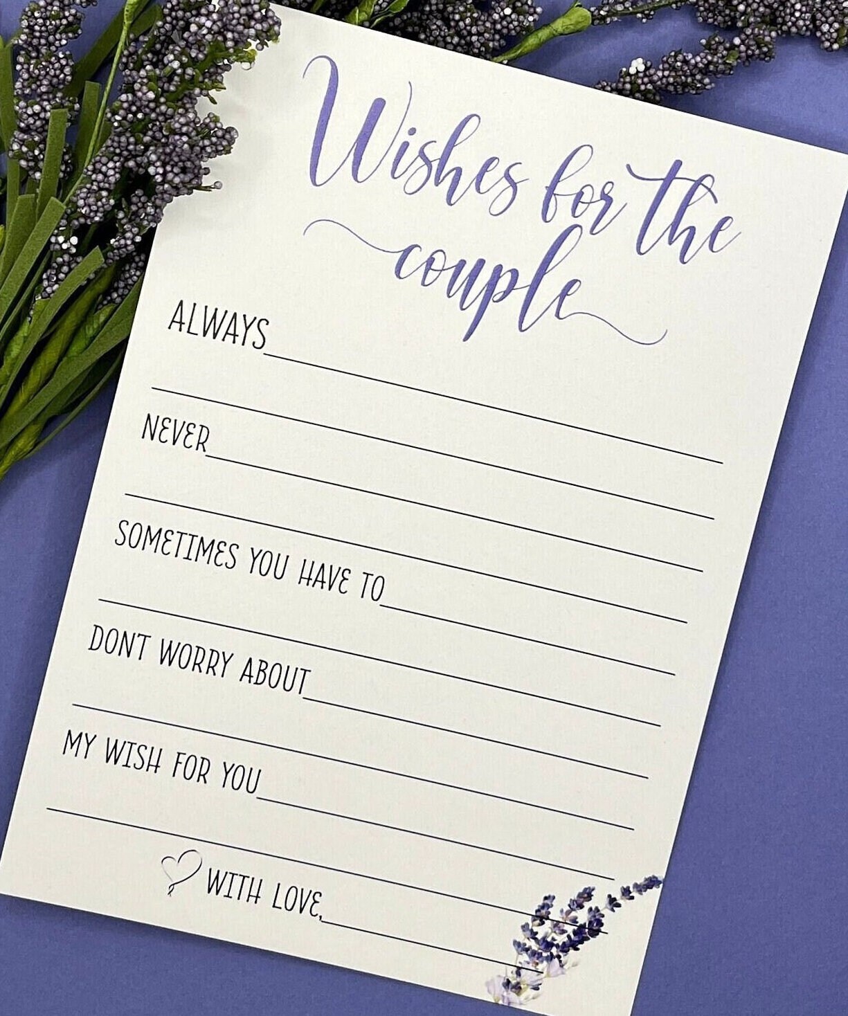 Lavender Bridal Shower Game: Wishes for the Couple, 24 Printed Cards