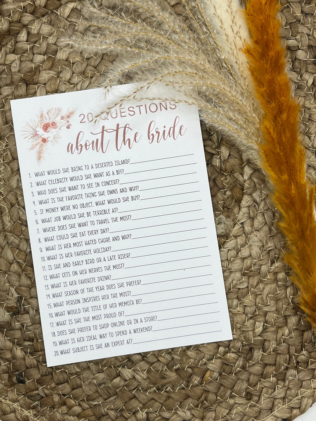 Boho Question Boho Bridal Shower Game: 20 Questions for the Bride - Etsy