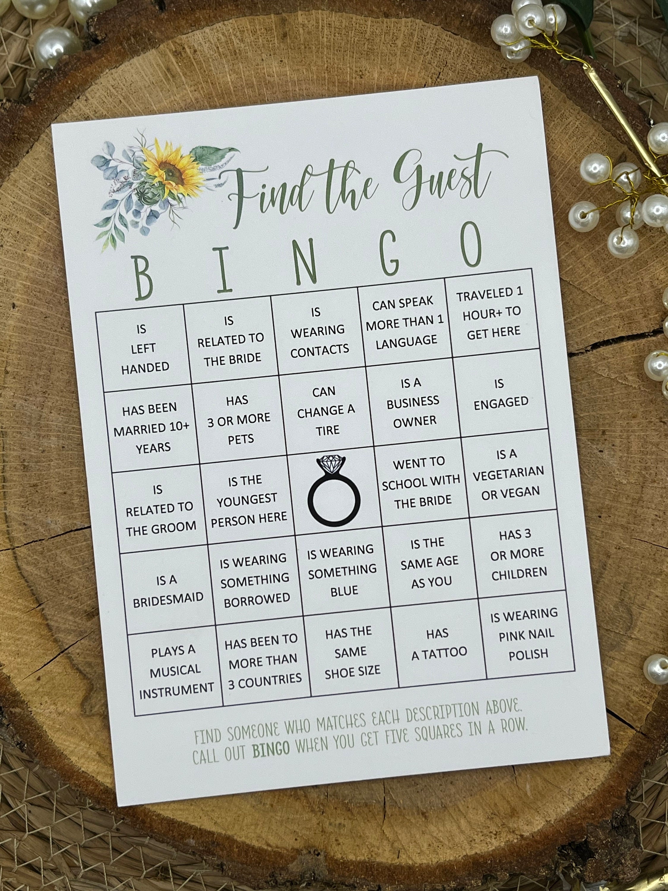 PRINTED Sunflower, Find the Guest Bingo, Bridal Shower Wedding Game, 24pkg, printed on 100lb white cougar cardstock