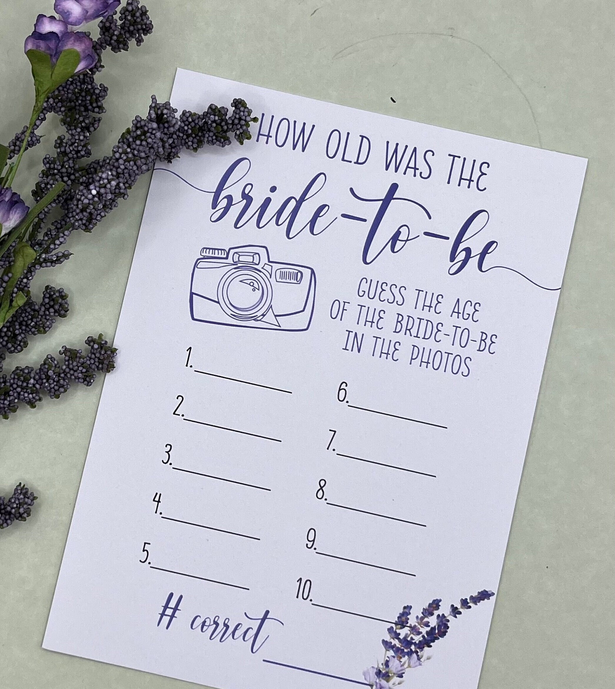 Lavender Bridal Shower Game: Guess the Bride's Age, 24 Kraft Cards