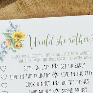 Sunflower Bridal Shower Game: Would She Rather, 5x7 Printed Card