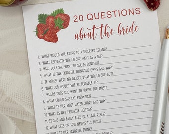 PRINTED Strawberry, 20 Questions about the Bride, Bridal Wedding Shower game, printed on 100lb card stock, pkg 24