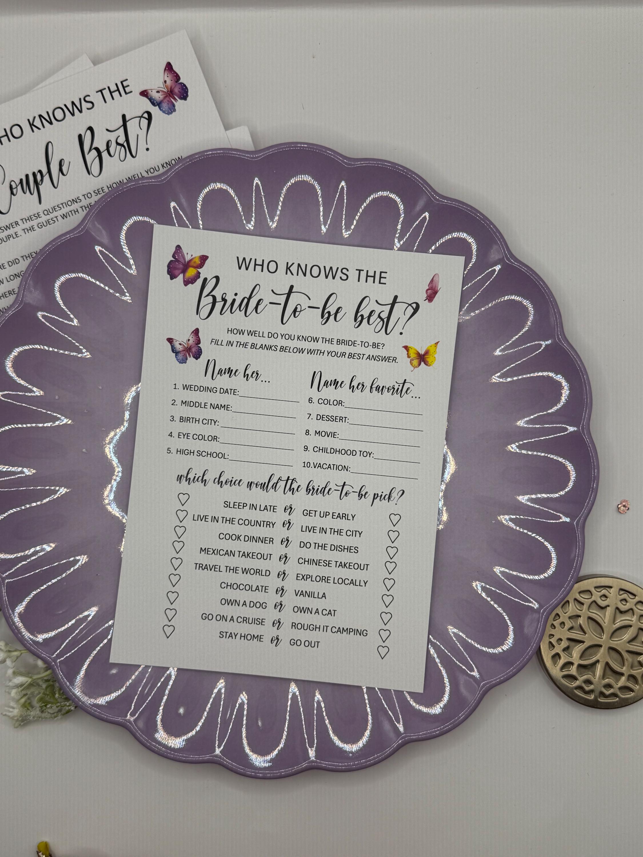 PRINTED Butterfly, Who knows the bride-to-be best? Bridal Shower Wedding Game. Printed on 100lb white cardstock