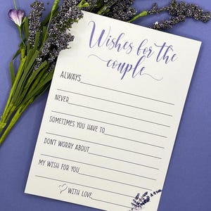 PRINTED LAVENDER, Wishes for the Couple, Bridal Shower Wedding Game, 24qty, printed on 100lb. white Cougar Cardstock. 5x7 size image 2