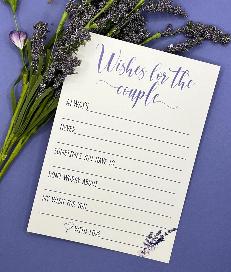 PRINTED LAVENDER, Wishes for the Couple, Bridal Shower Wedding Game, 24qty, printed on 100lb. white Cougar Cardstock. 5x7 size image 2