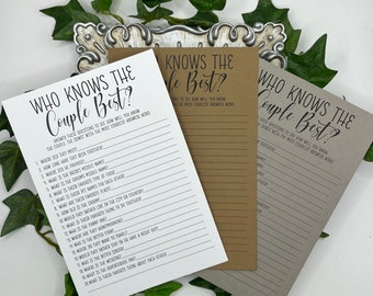 May include: Three printable game cards with the title "Who Knows the Couple Best?"  The cards are printed on white, brown, and gray paper. The game asks questions about the couple to see how well the players know them.