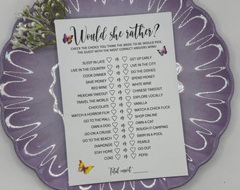 Butterfly Bridal Shower Game: Would She Rather, 5x7 Printed Card
