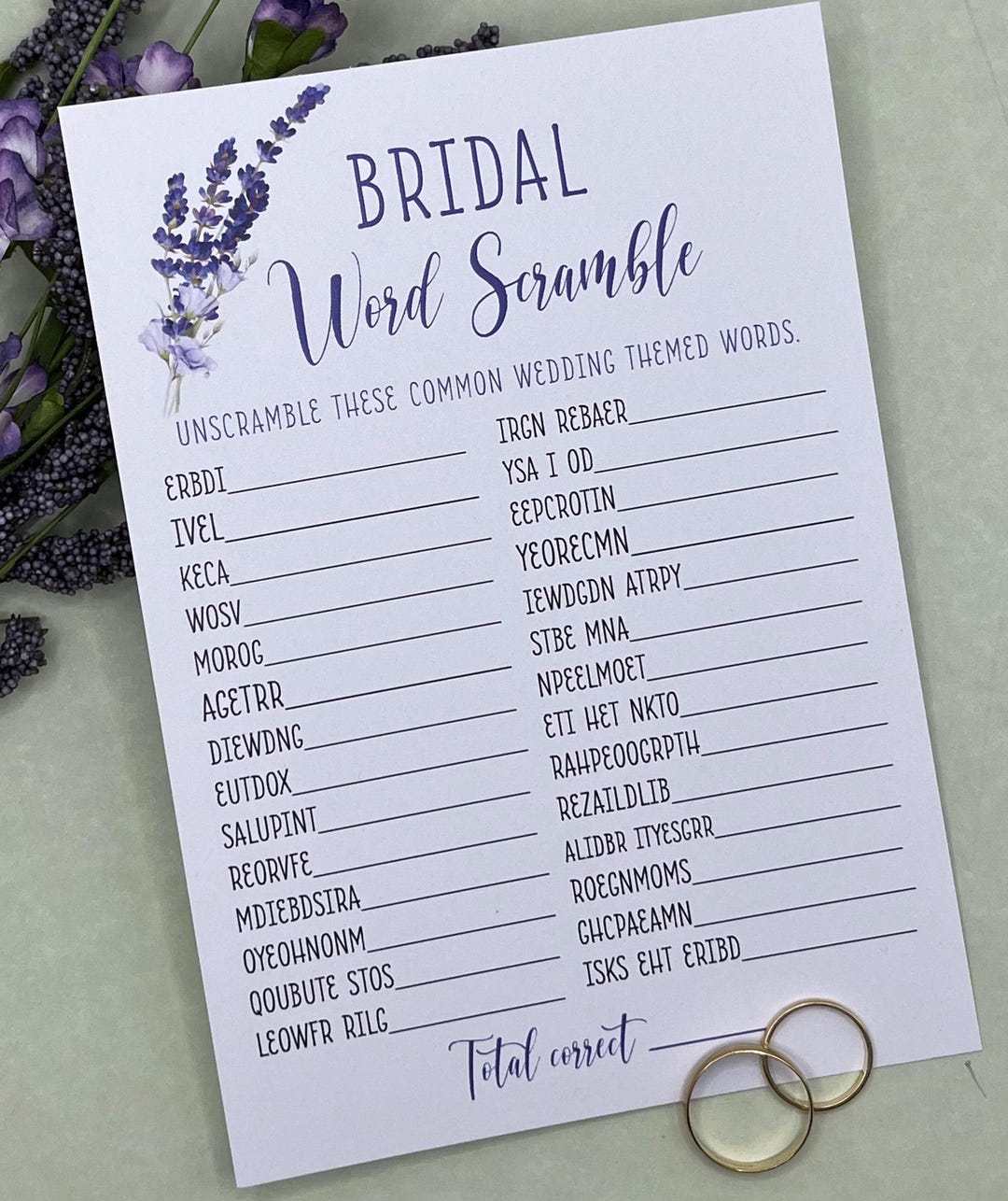 Word Riddles Wedding PRINTED Lavender, Bridal Word Scramble, Bridal Shower Game Trivia ...