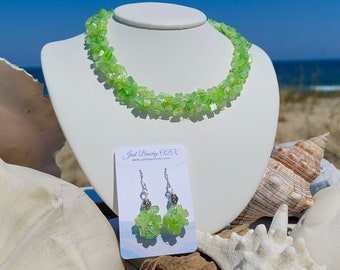 Chartreuse Tropical Necklace Set; Silver CrochetWire Necklace; Cats Eye Chip Necklace Set; Beach Inspired Necklace: Outer Banks BeachGift