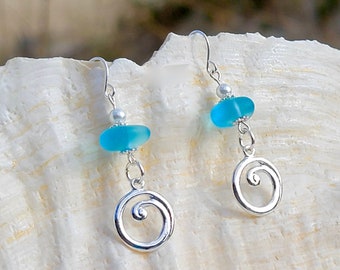 Genuine Sea Glass Earrings; Turquoise Sea Glass & Pearl; Silver Wave Swirl Dangle Earrings; Outer Banks Earrings; Beach Lover Gift