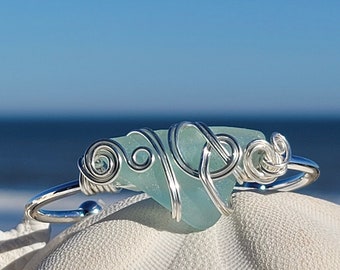Rare Ice Blue Sea Glass Cuff; Silver Wire Wrapped Sea Glass Bracelet; Topaz Blue Sea Glass Jewelry; Outer Banks Jewelry; Beach Lover Gift