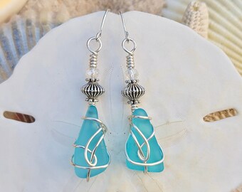 Sterling Silver And Aqua Sea Glass Pendant Filigree Drop Earrings Handmade Gift 