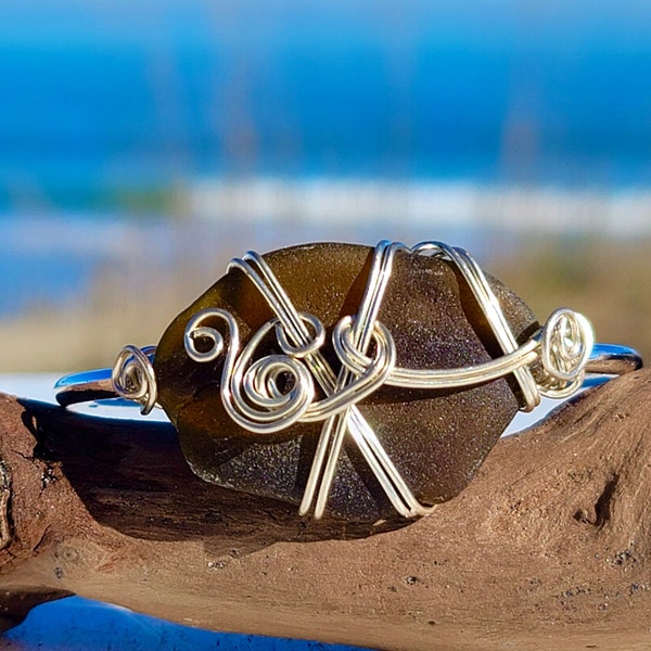 Brown Sea Glass Bracelet; Wire Wrapped Sea Glass Cuff; Genuine Sea Glass; Beach Glass Bracelet, Outer Banks Jewelry; Beach Lover Gift