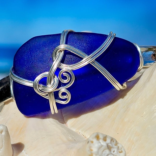 Cobalt Blue Sea Glass Bracelet; Genuine Sea Glass Bracelet; Silver Wire Wrapped Sea Glass Cuff, Outer Banks Jewelry; Beach Lover Gift