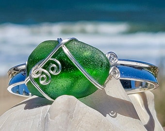 Jade Green Sea Glass Cuff Bracelet; Emerald Green Beach Glass Bracelet; Genuine Sea Glass Bracelet; Outer Banks Jewelry; Beach Lover Gift
