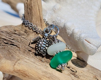 Stacked Sea Glass Pendant; Sea Turtle Charm Necklace; Sea Glass Necklace; Outer Banks Necklace; Beach Lover Gift