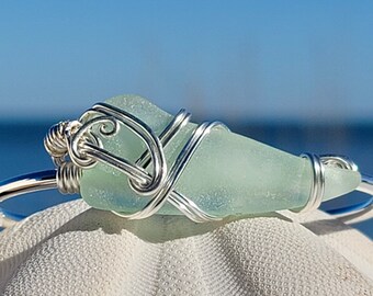 Sea Foam Green Sea Glass Bracelet; Authentic Sea Glass Cuff; Dainty Cuff Bracelet; Outer Banks Bracelet; Beach Bracelet; Beach Lover Gift;