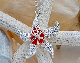 Ultra Rare Red Sea Glass; Starfish Necklace; Sea Glass Pendant; Sterling Silver Starfish Pendant; Beach Inspired Jewelry; Beach Lover Gift