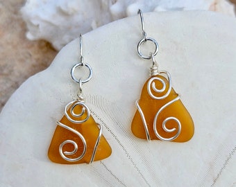Golden Brown Sea Glass Earrings; Silver Wire Wrapped Genuine Sea Glass Earrings; Fall Outer Banks Jewelry; Beach Lover Gift for Her