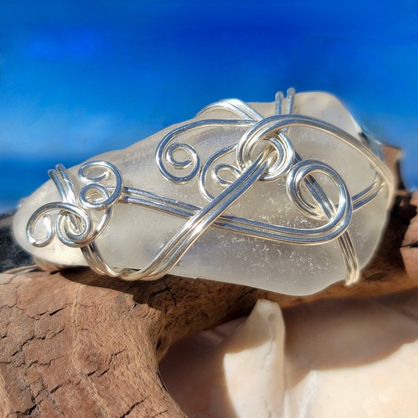 White Sea Glass Bracelet; Wire Wrapped Sea Glass; Sea Glass Jewelry; Mother's Day Gift, Sea Glass Cuff Bracelet; Beach Lover Gift for Her