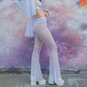 White Mesh Bell Bottom Pants Metallic Disco Bottoms image 1