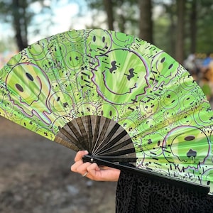 Festival Hand Fan, Neon Green Fan, Smiley Face Fan for Raves and Festivals, Wooden Folding Fan, Large Handheld Fan, Fan for Dancing, Raves